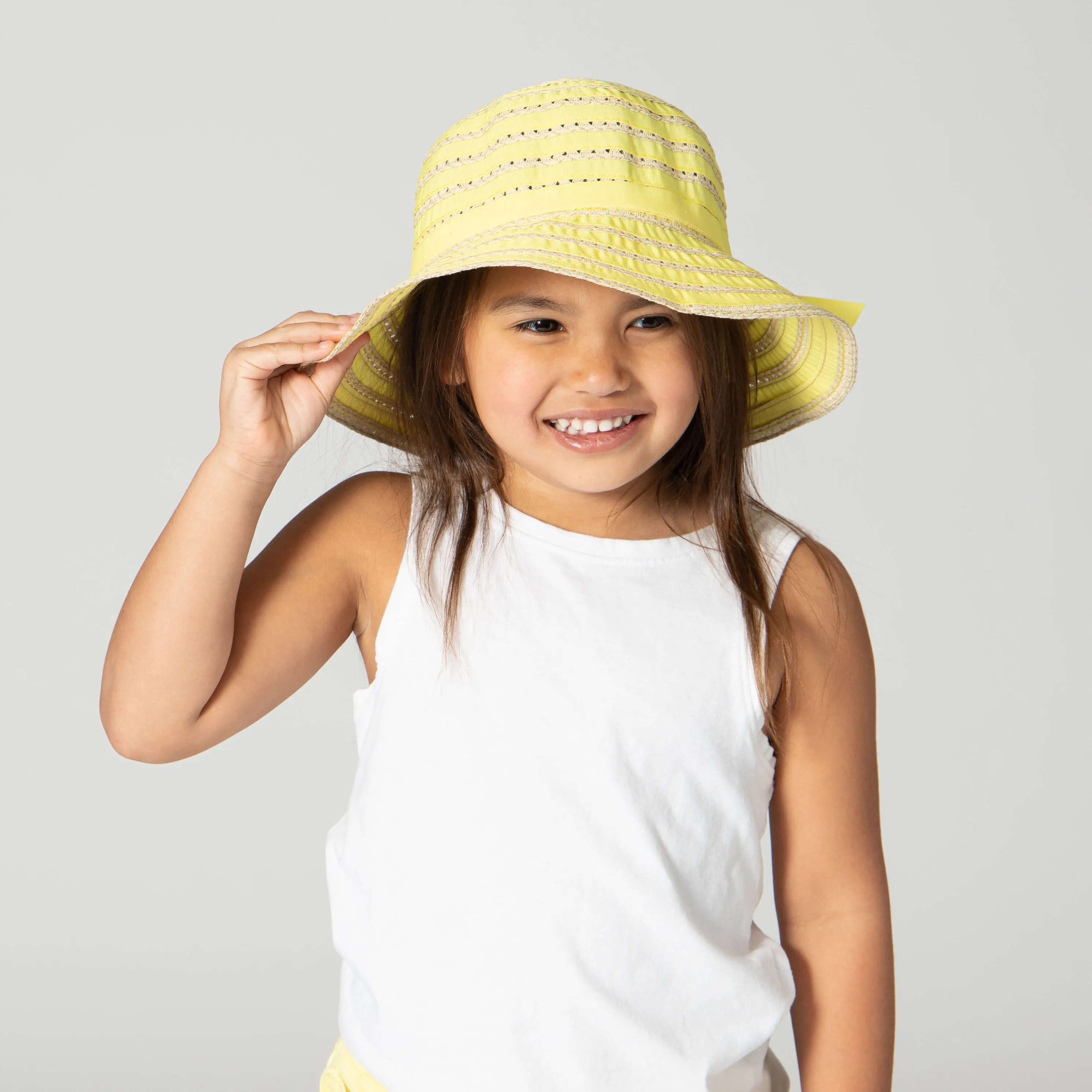 Kids Ribbon And Paper Straw Bucket Hat With Ribbon Bow Detail