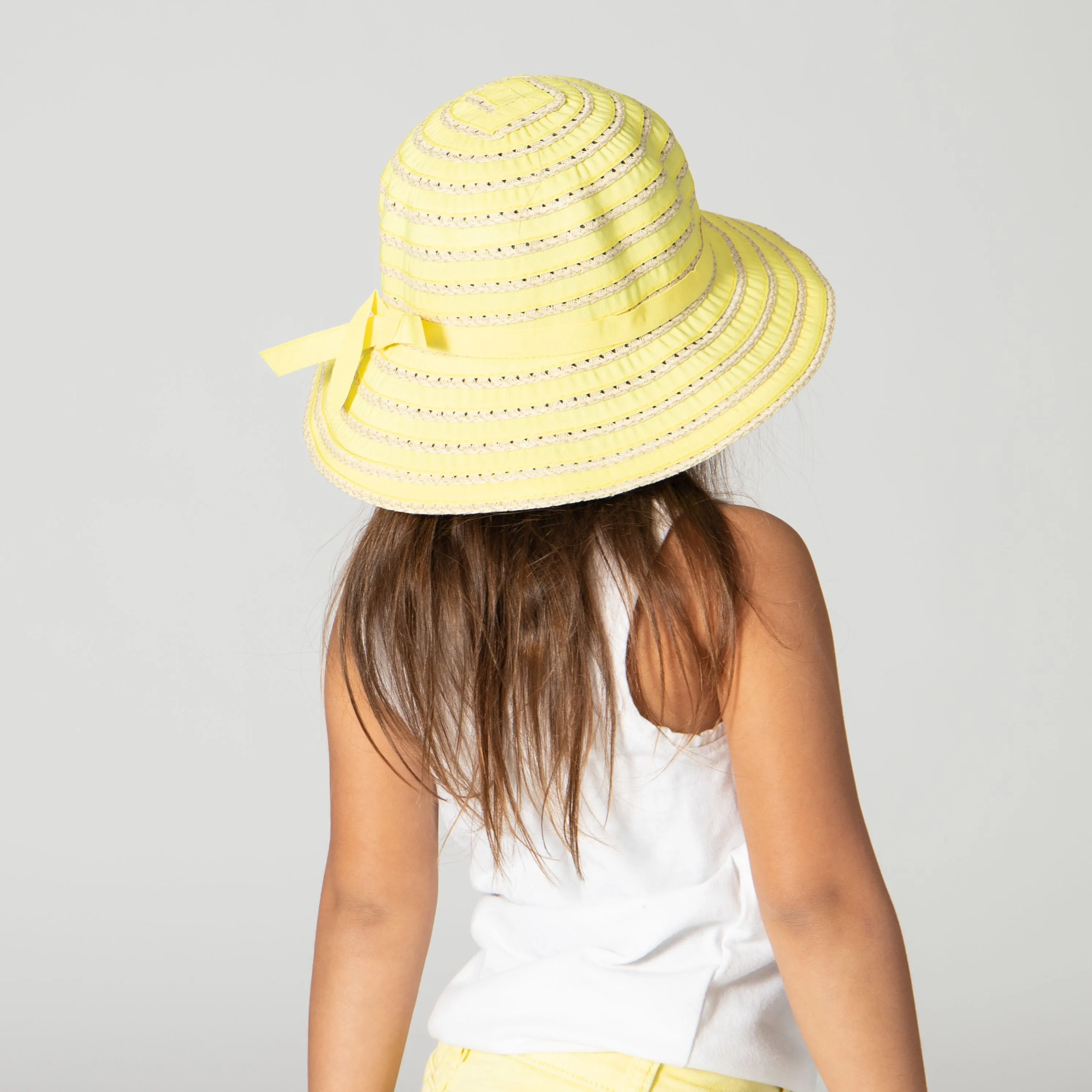 Kids Ribbon And Paper Straw Bucket Hat With Ribbon Bow Detail