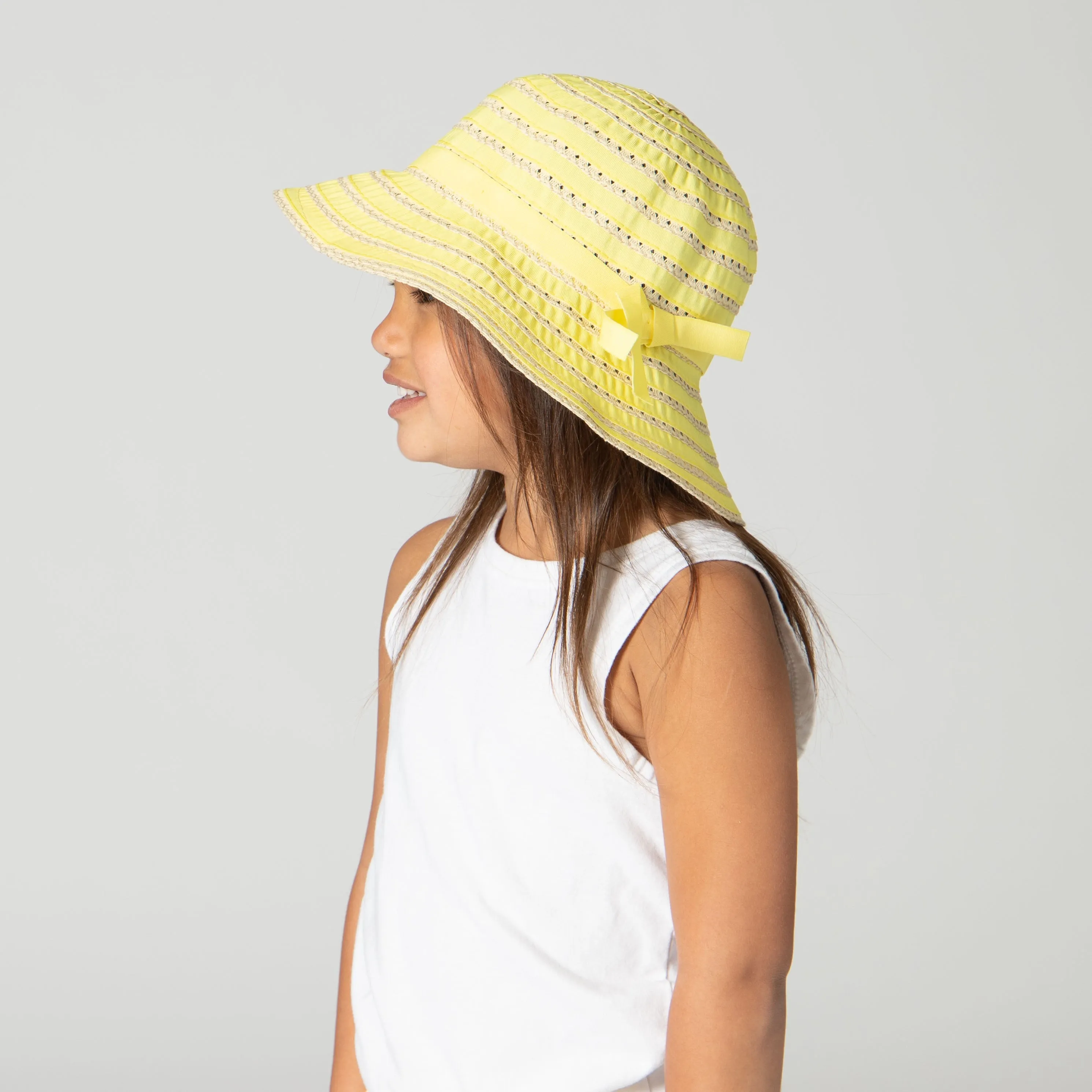 Kids Ribbon And Paper Straw Bucket Hat With Ribbon Bow Detail