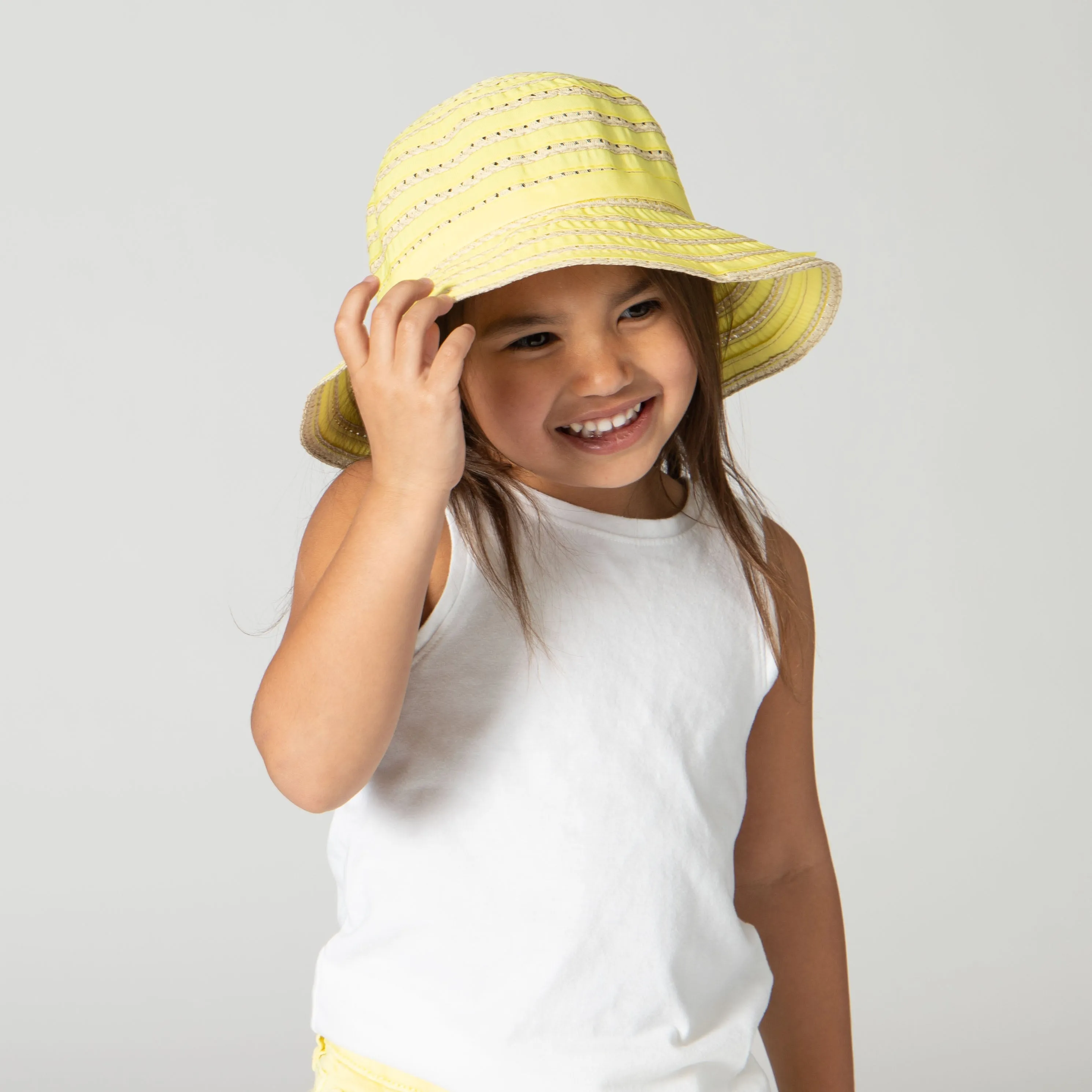 Kids Ribbon And Paper Straw Bucket Hat With Ribbon Bow Detail