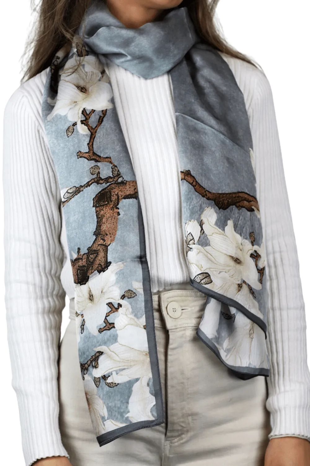 La Fiorentina 100% Silk Floral Print Silk Scarf - Grey