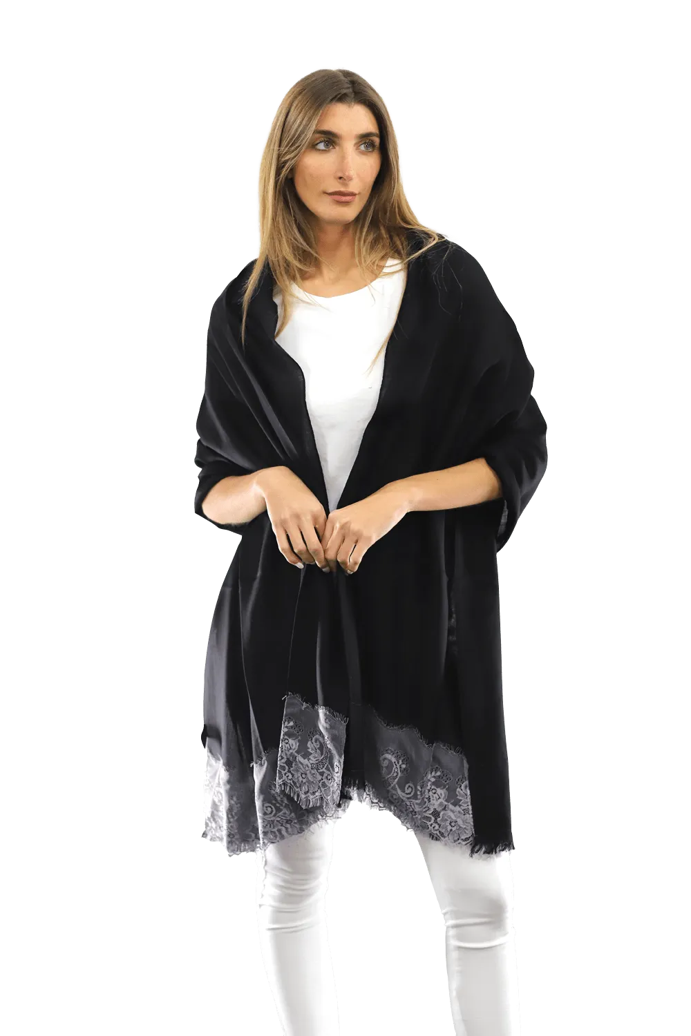 Lace Trim Scarf-Black/Grey