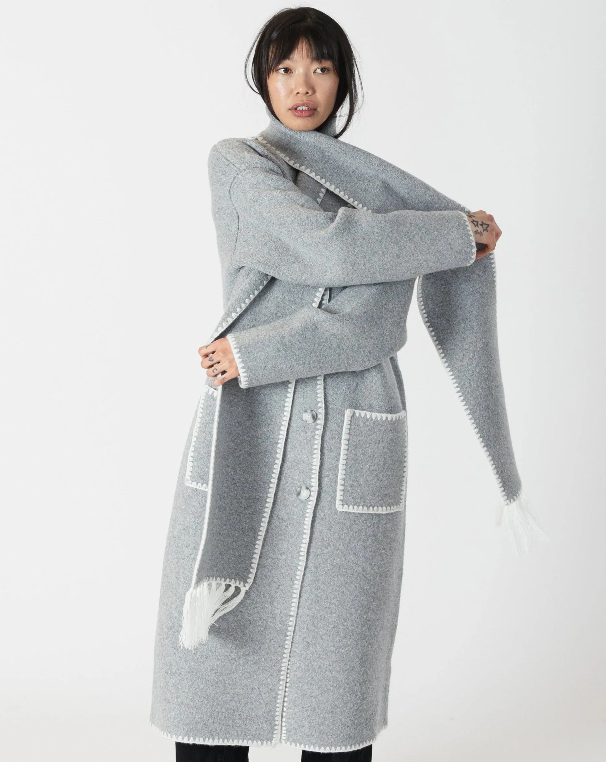 Lyla and Luxe Delaney Long Coat with Detachable Scarf and Whipstitch Detail