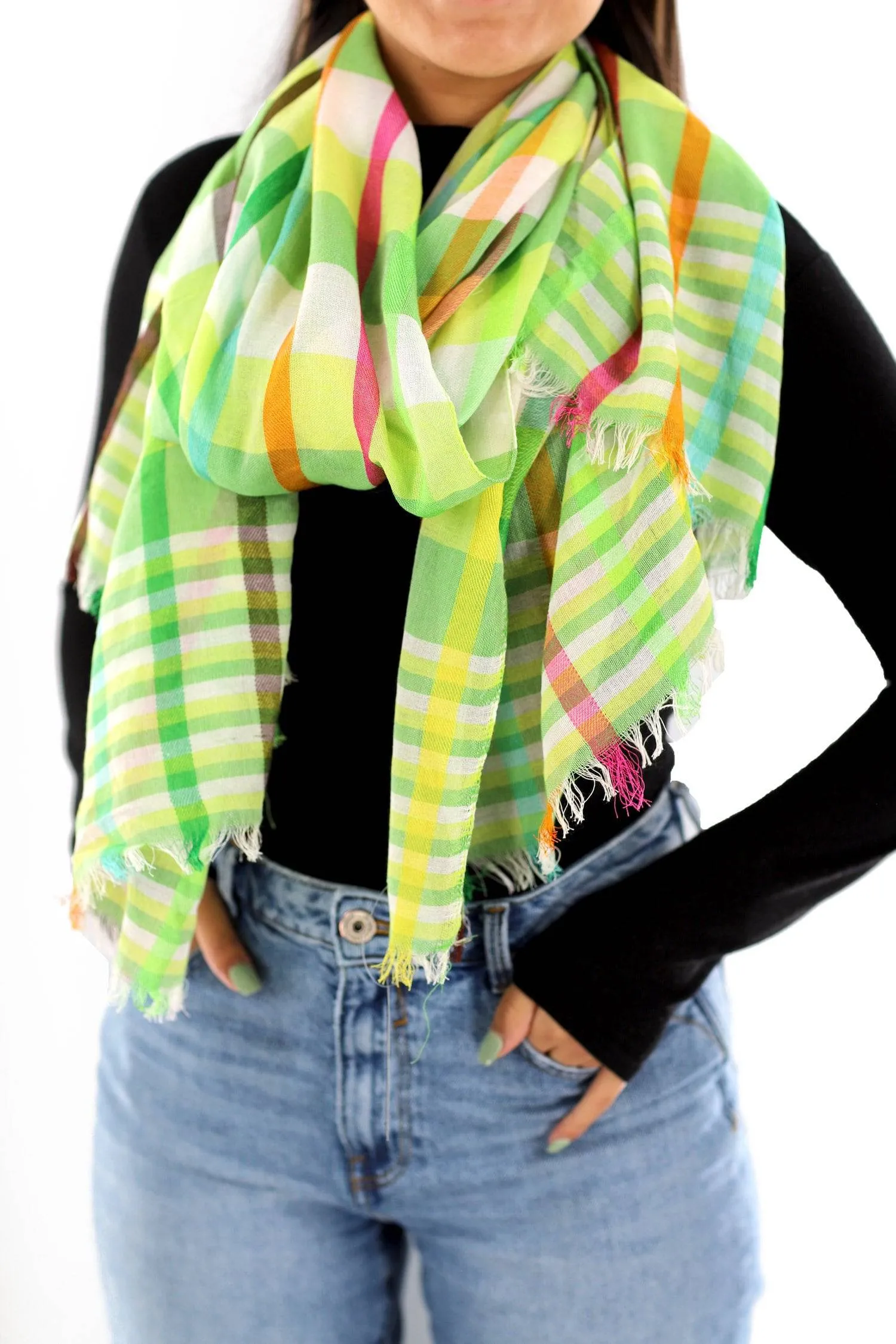 Madras Pop Plaid Green Scarf