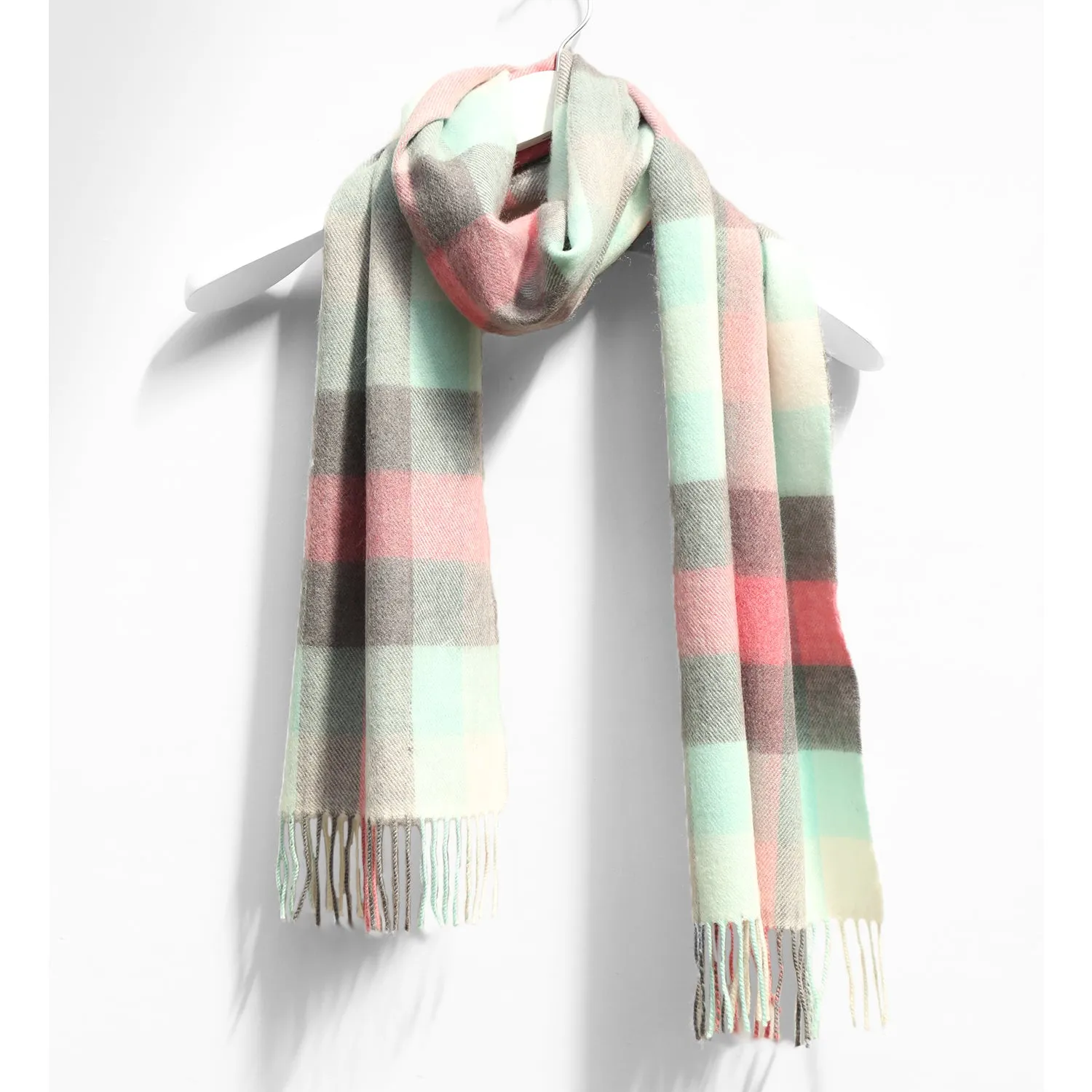 Merino Wool Scarf, Aqua & Pink Block