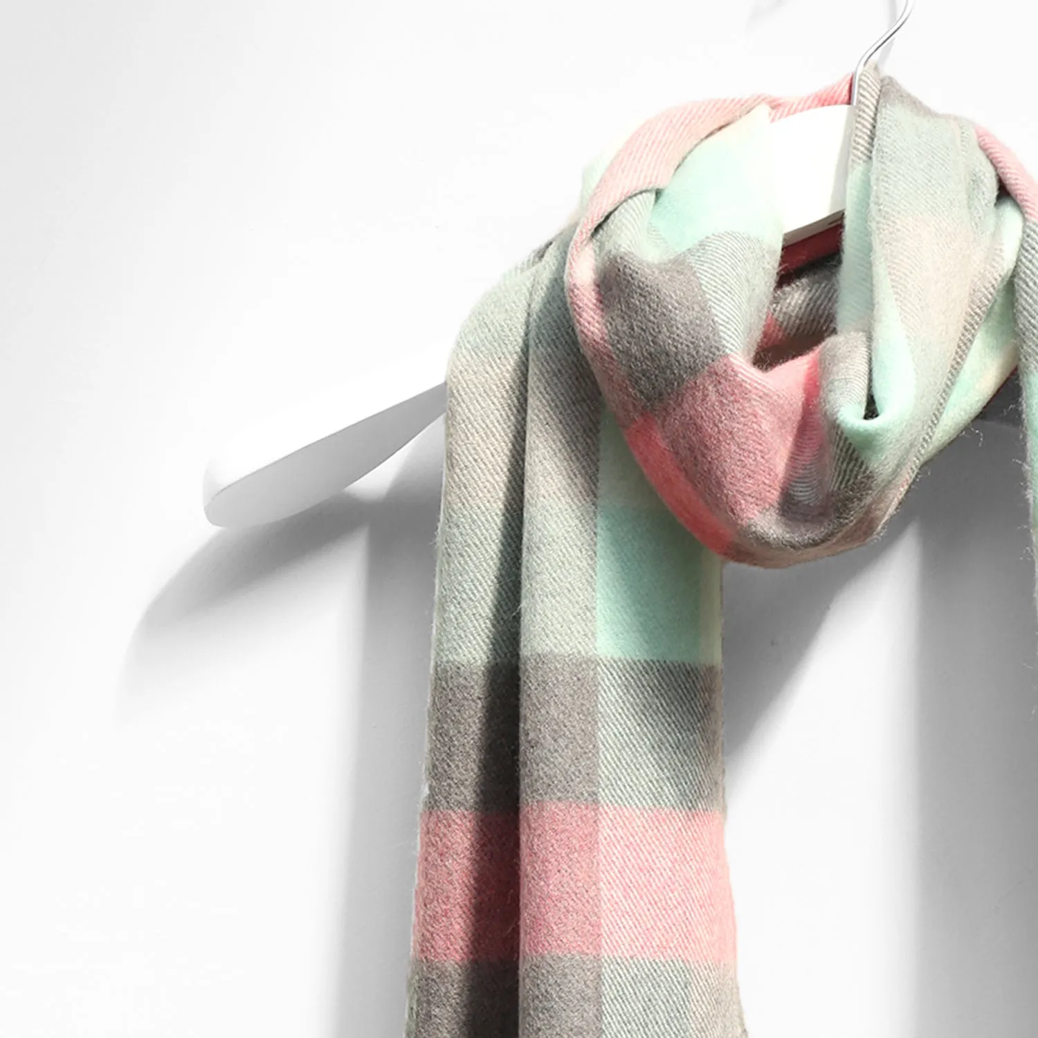 Merino Wool Scarf, Aqua & Pink Block