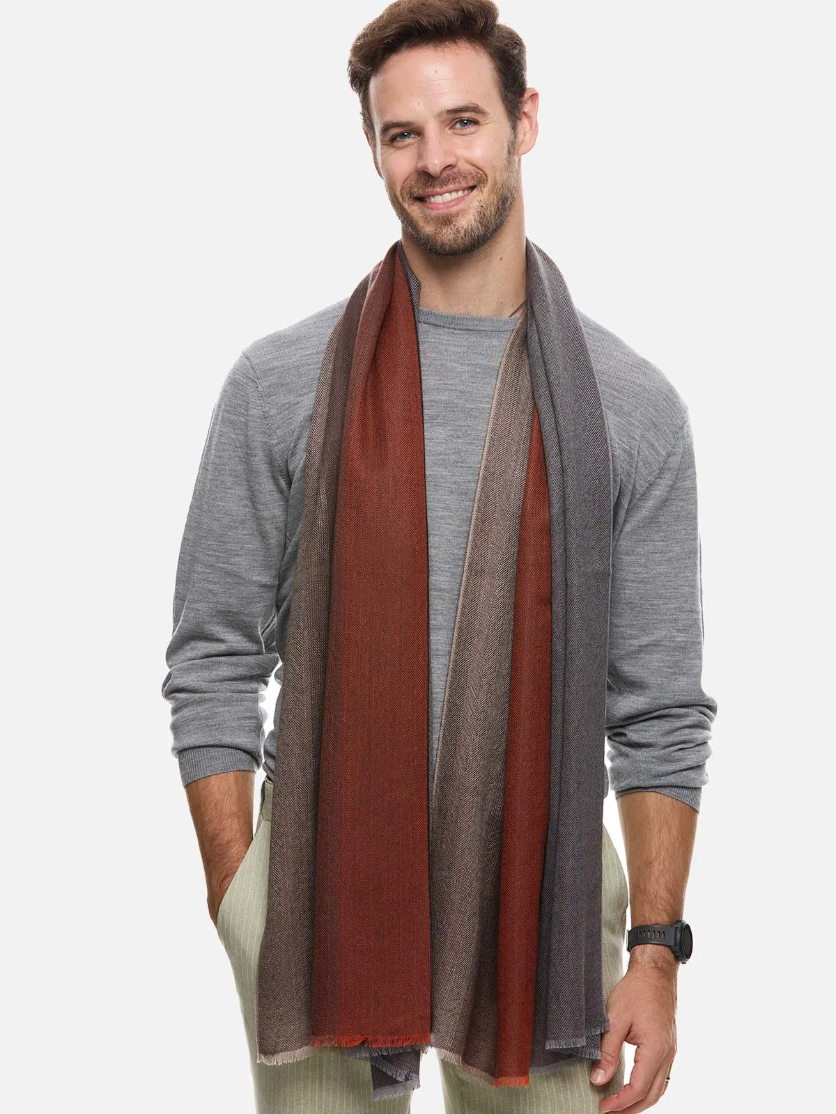 Orange Brown Herringbone Mens Cashmere Scarf