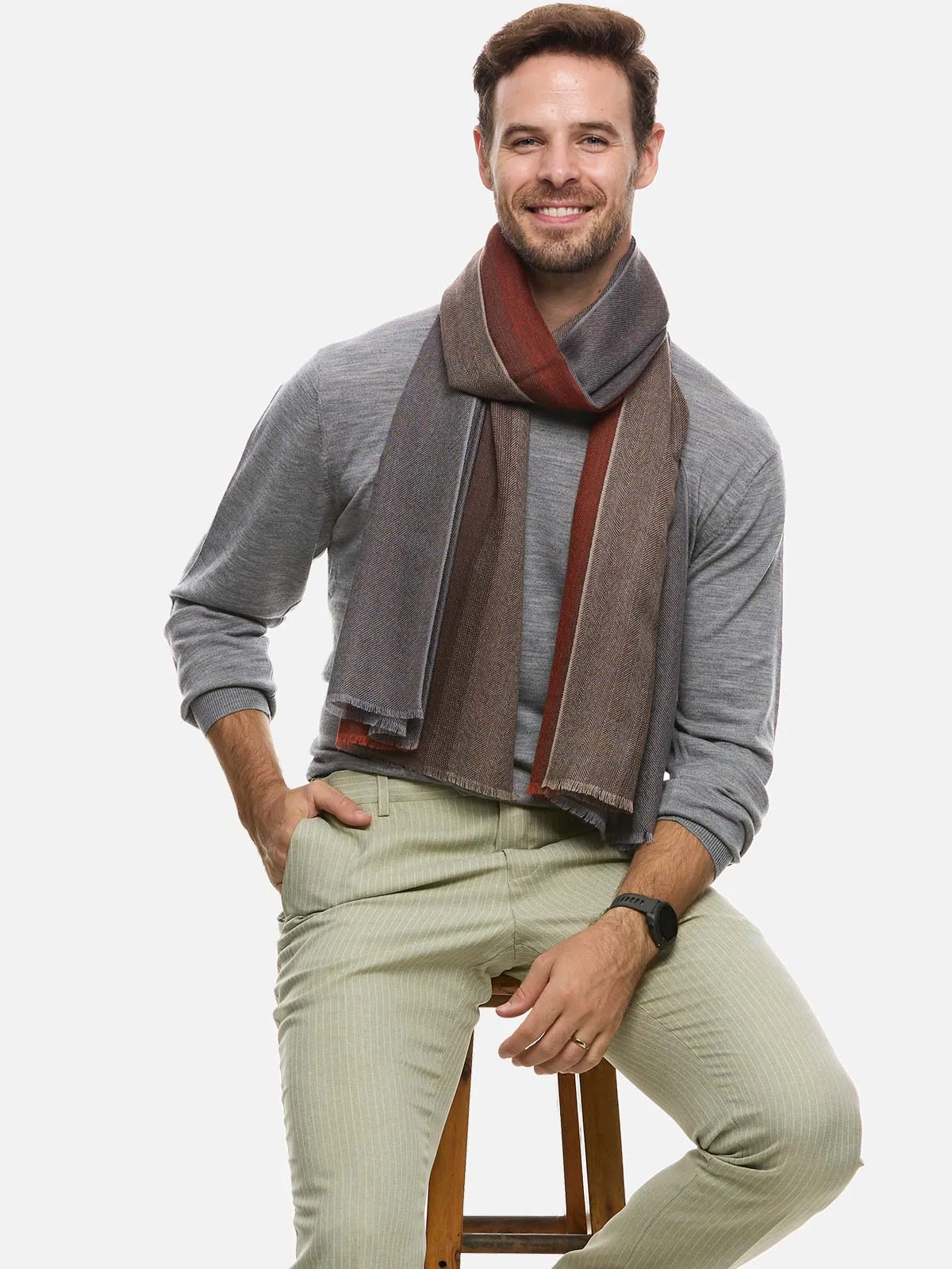 Orange Brown Herringbone Mens Cashmere Scarf