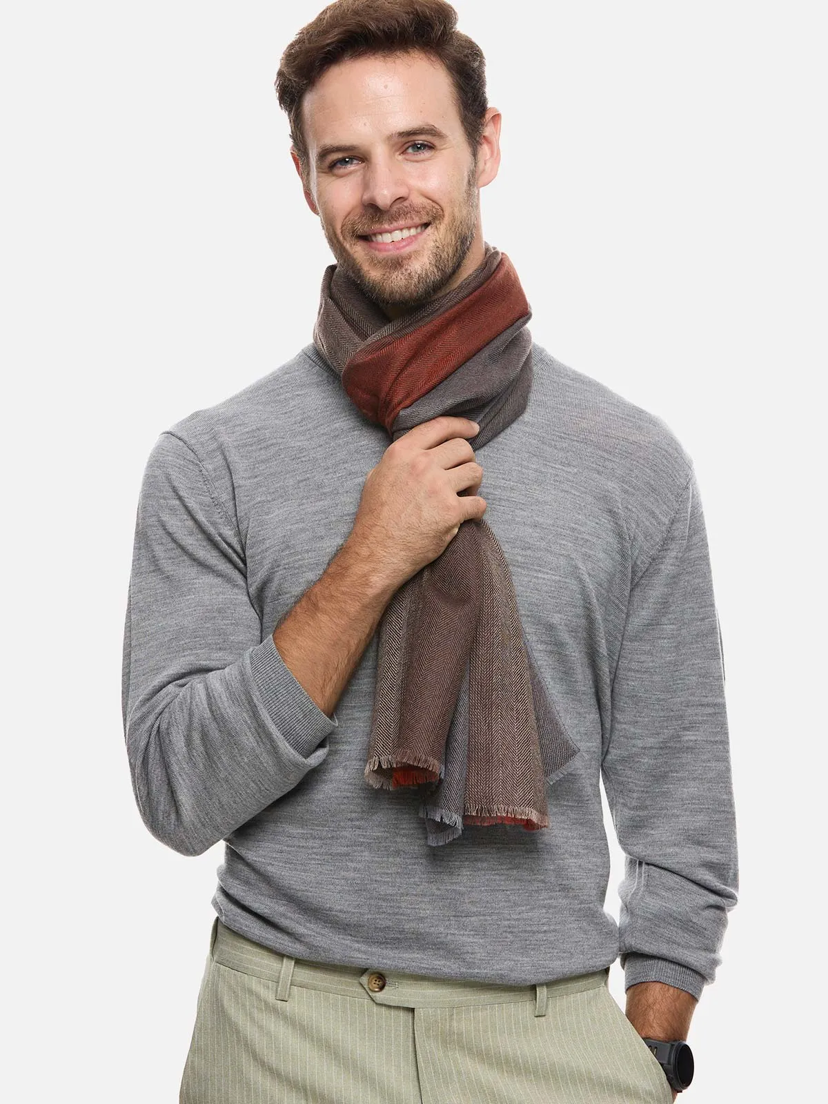 Orange Brown Herringbone Mens Cashmere Scarf