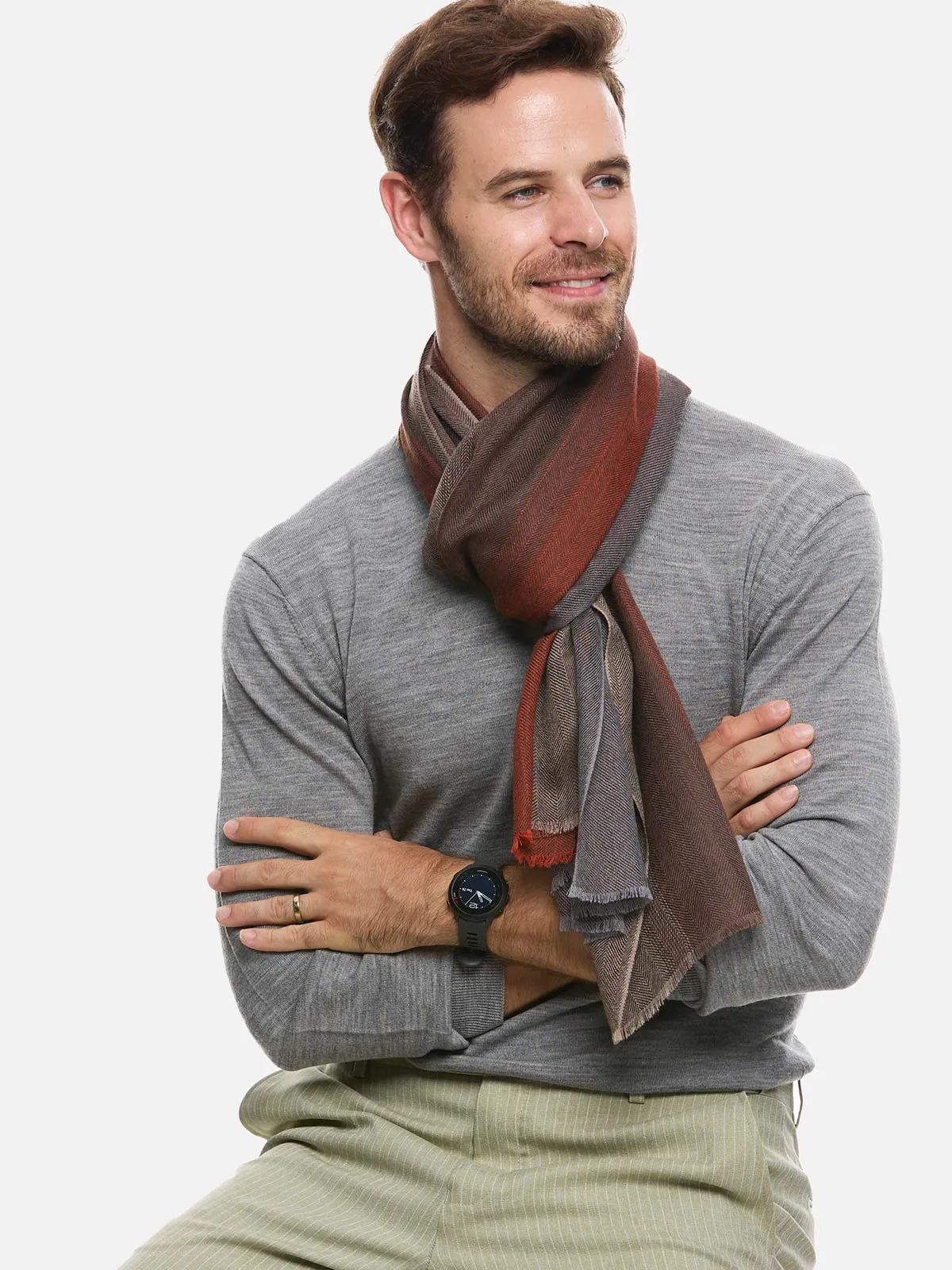 Orange Brown Herringbone Mens Cashmere Scarf