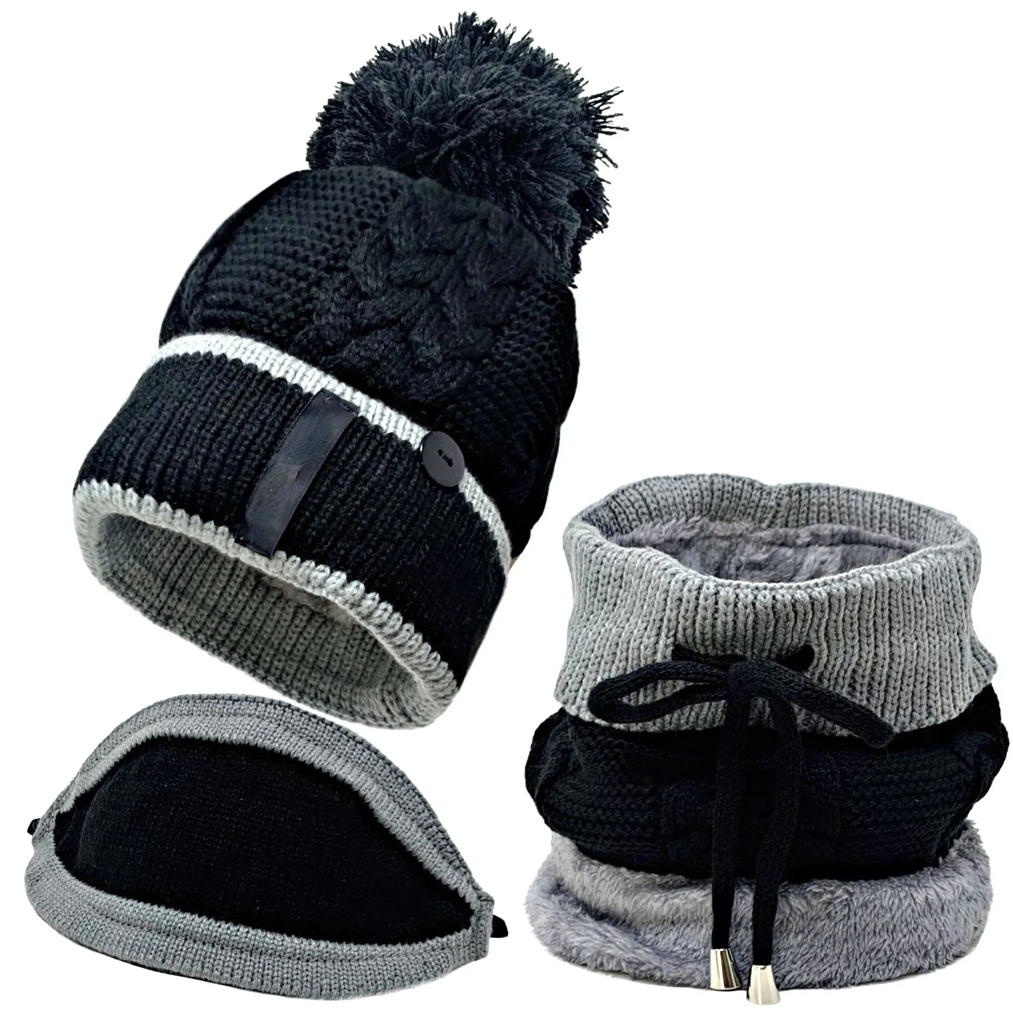 Pompom Beanie Hat Neck Warmer Set of 3