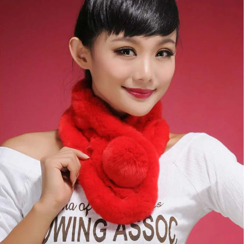 Real REX Rabbit Fur Scarf Ball Wrap Cape Shawl Neck Warmer Scarf Women 13503