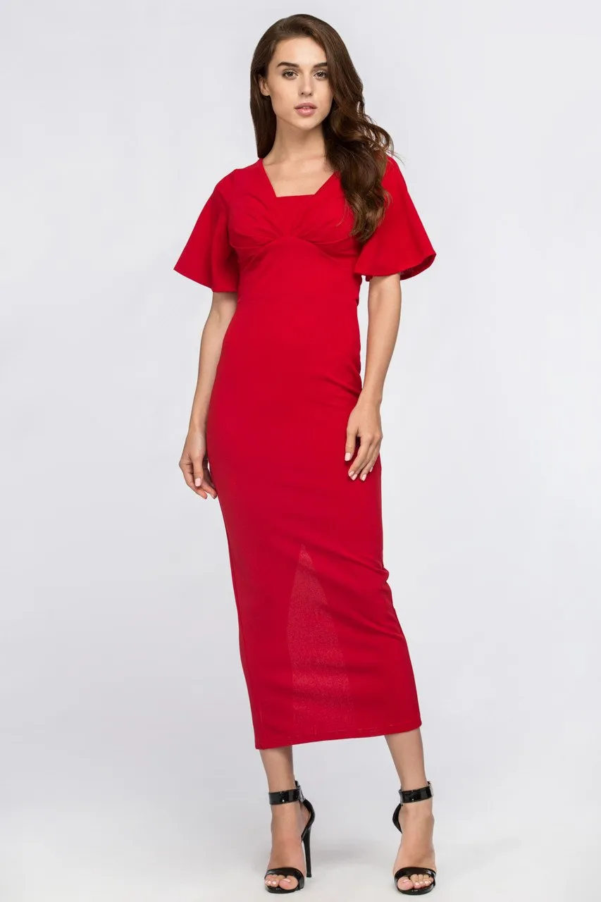 Red Butterfly Sleeve Column Maxi Dress