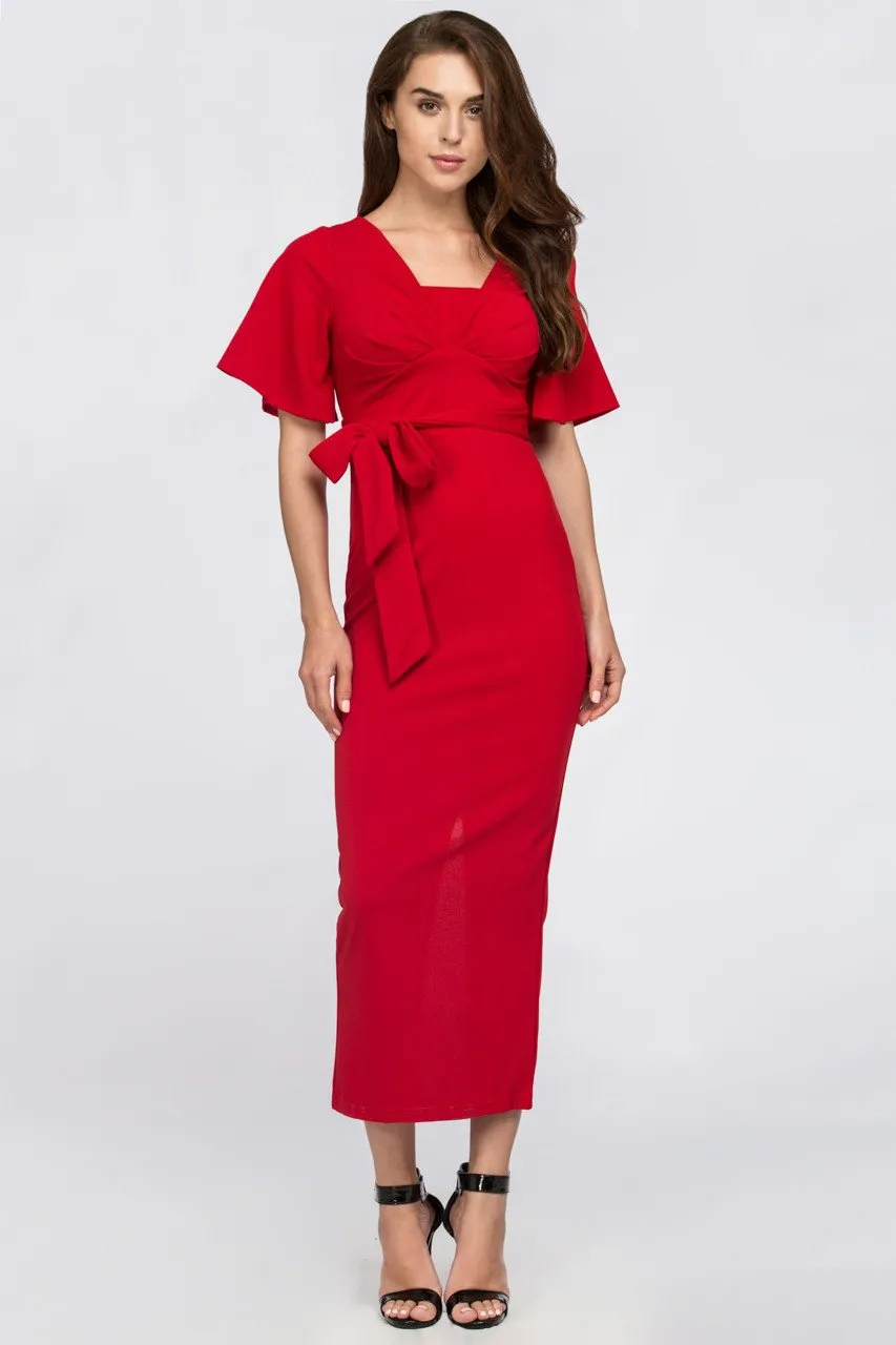 Red Butterfly Sleeve Column Maxi Dress