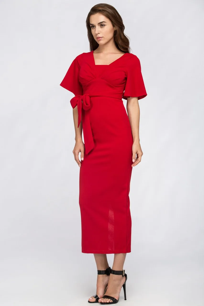 Red Butterfly Sleeve Column Maxi Dress