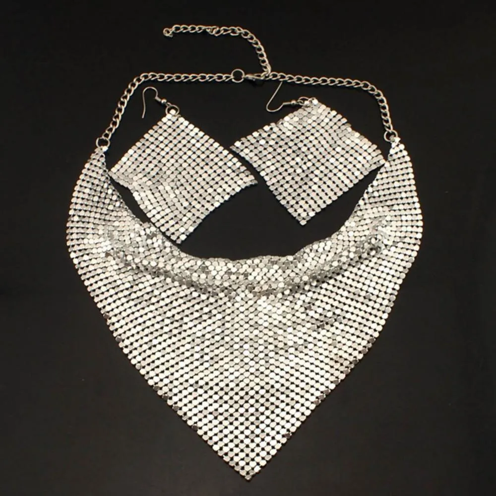 Set Statement Bib Necklace Earrings Women Triangular Scarf Sequins Charm