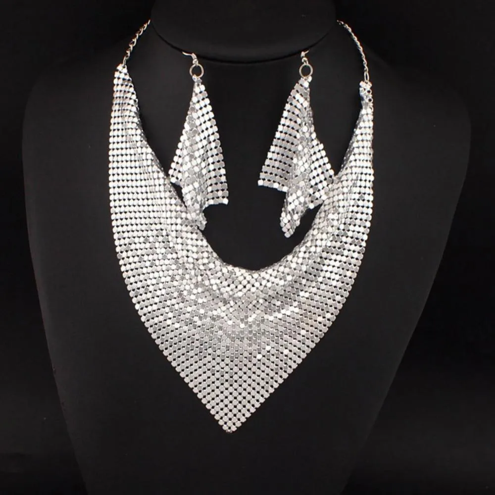 Set Statement Bib Necklace Earrings Women Triangular Scarf Sequins Charm