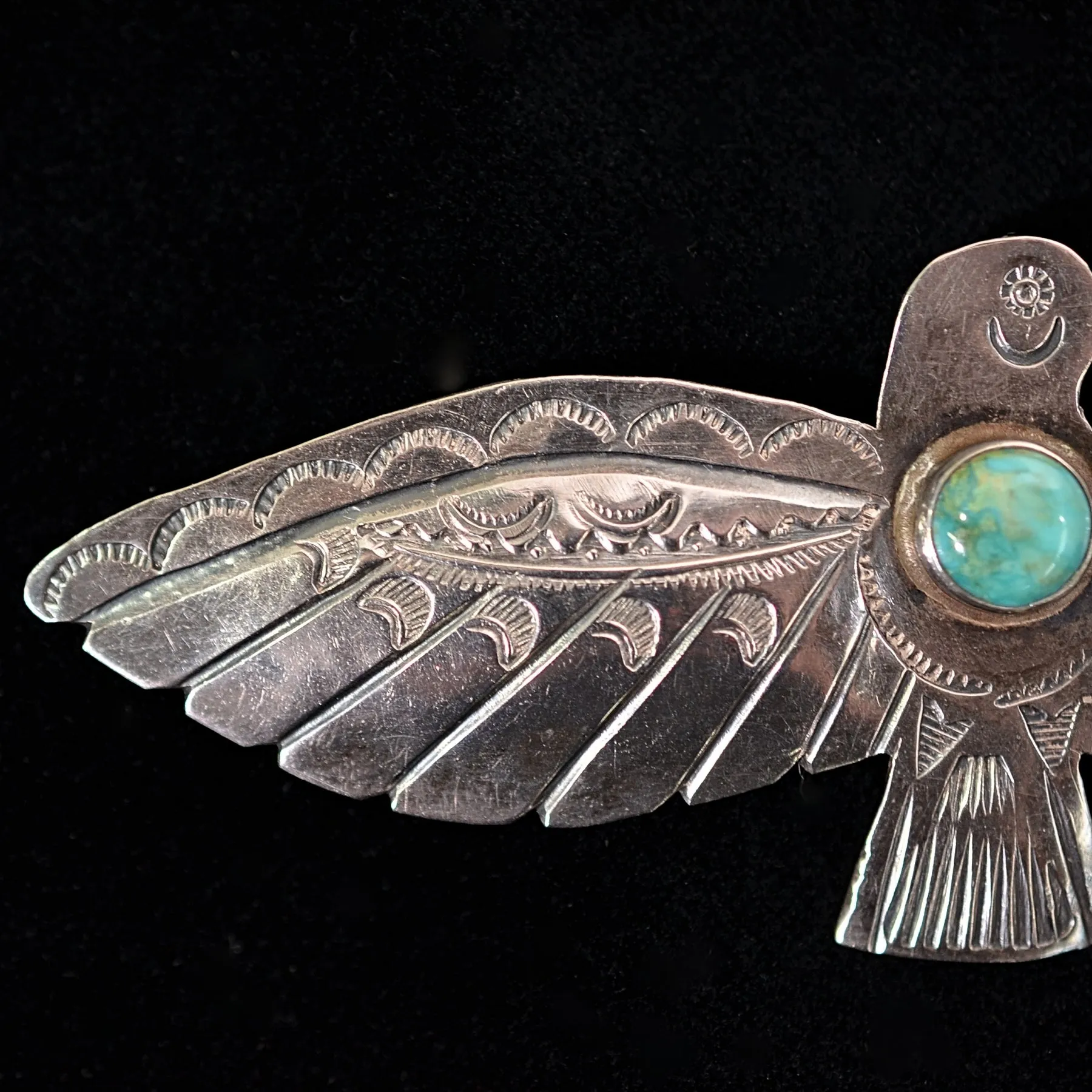 SOLD Vintage Fred Harvey Era Large Thunderbird Silver/Turquoise Brooch 4" Long