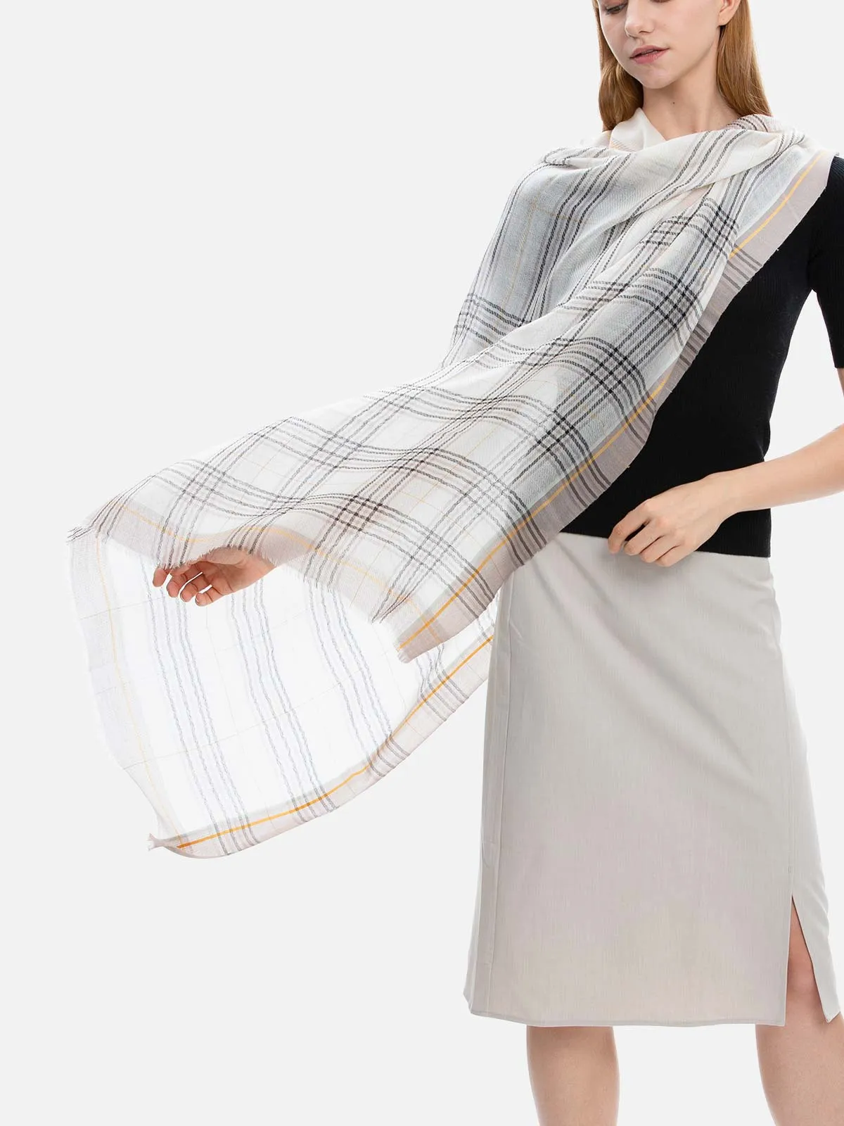 Square - Featherlight Contrast Plaid Cashmere Scarf