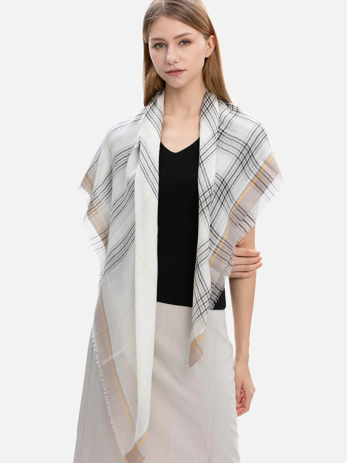 Square - Featherlight Contrast Plaid Cashmere Scarf