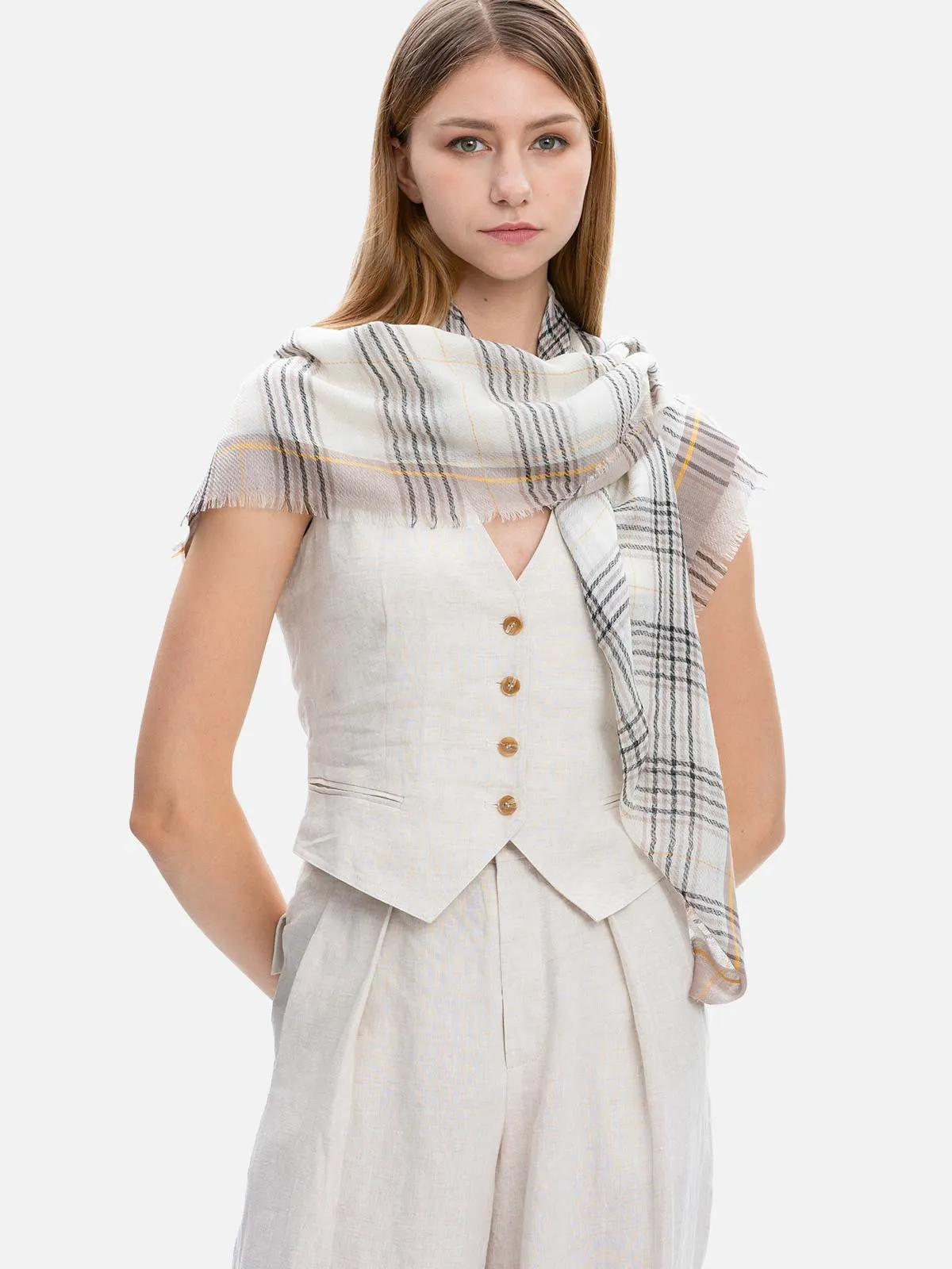 Square - Featherlight Contrast Plaid Cashmere Scarf