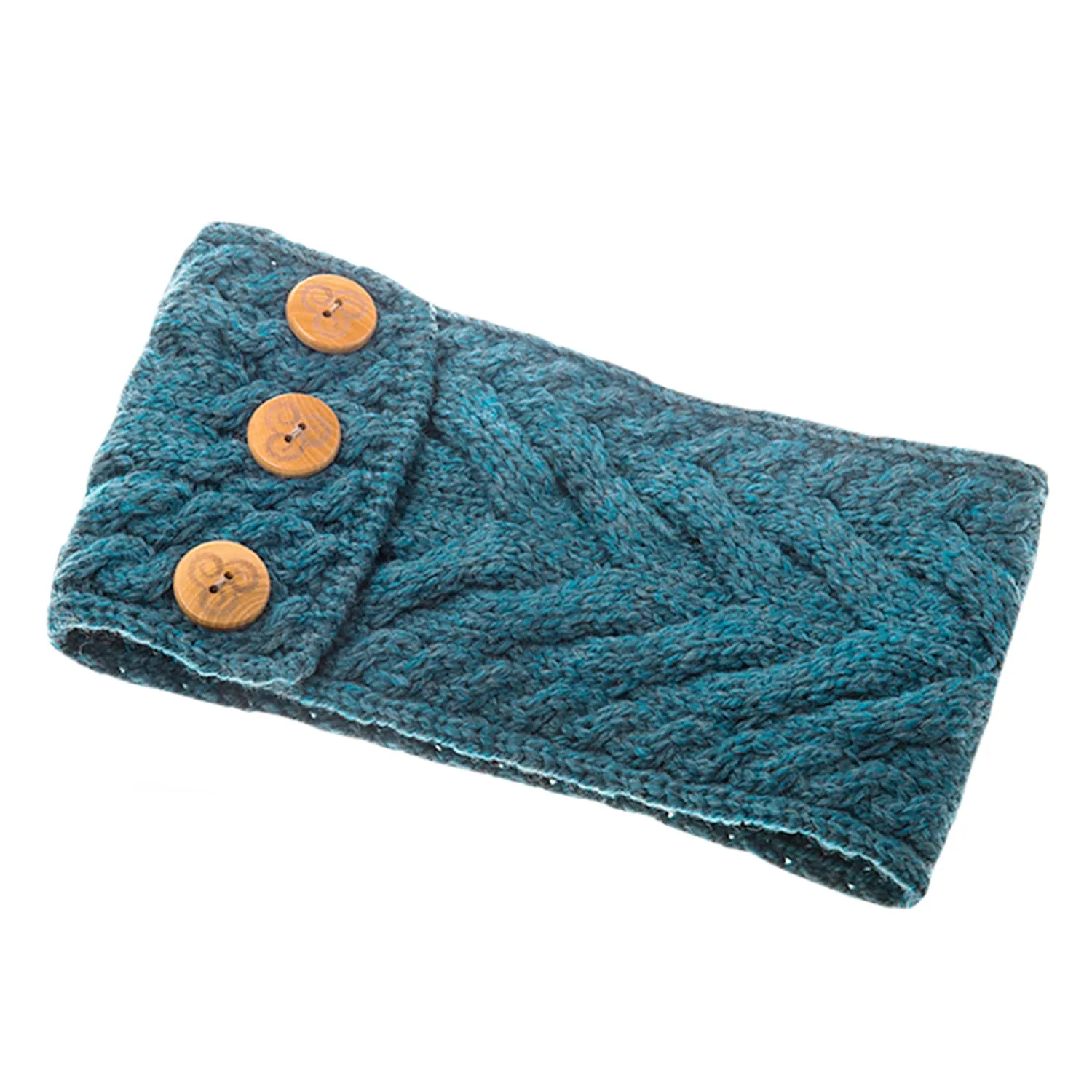 Turquoise Aran Knitted Headband with Buttons