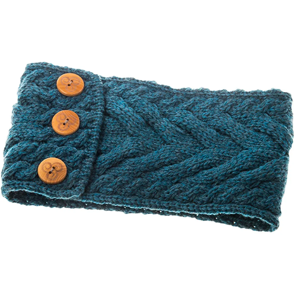 Turquoise Aran Knitted Headband with Buttons