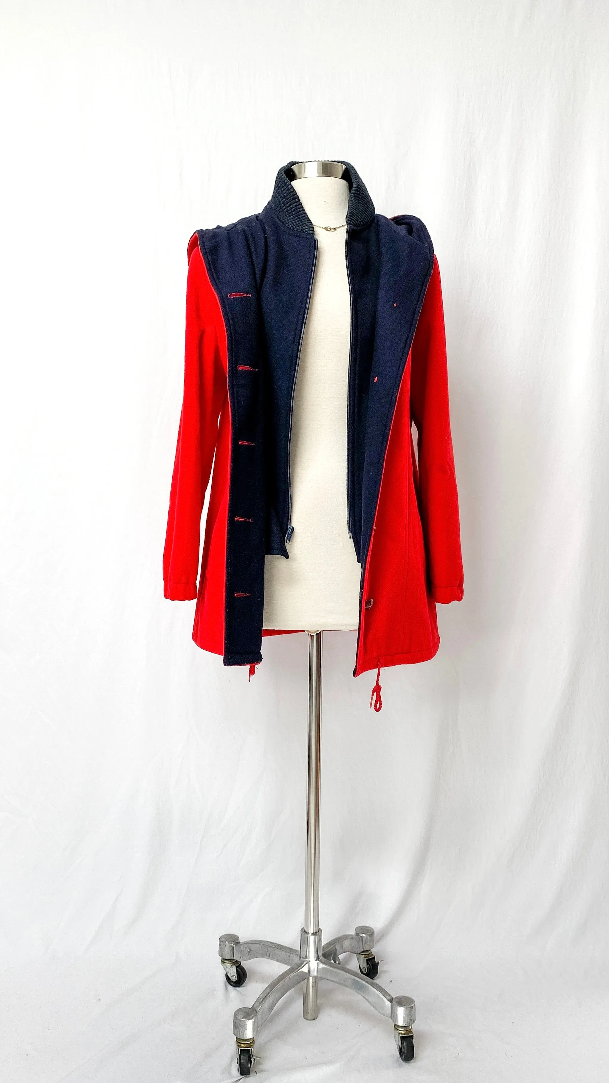 Vintage 80’s All Outdoors Mackintosh Red & Navy Double Lined Coat (M)