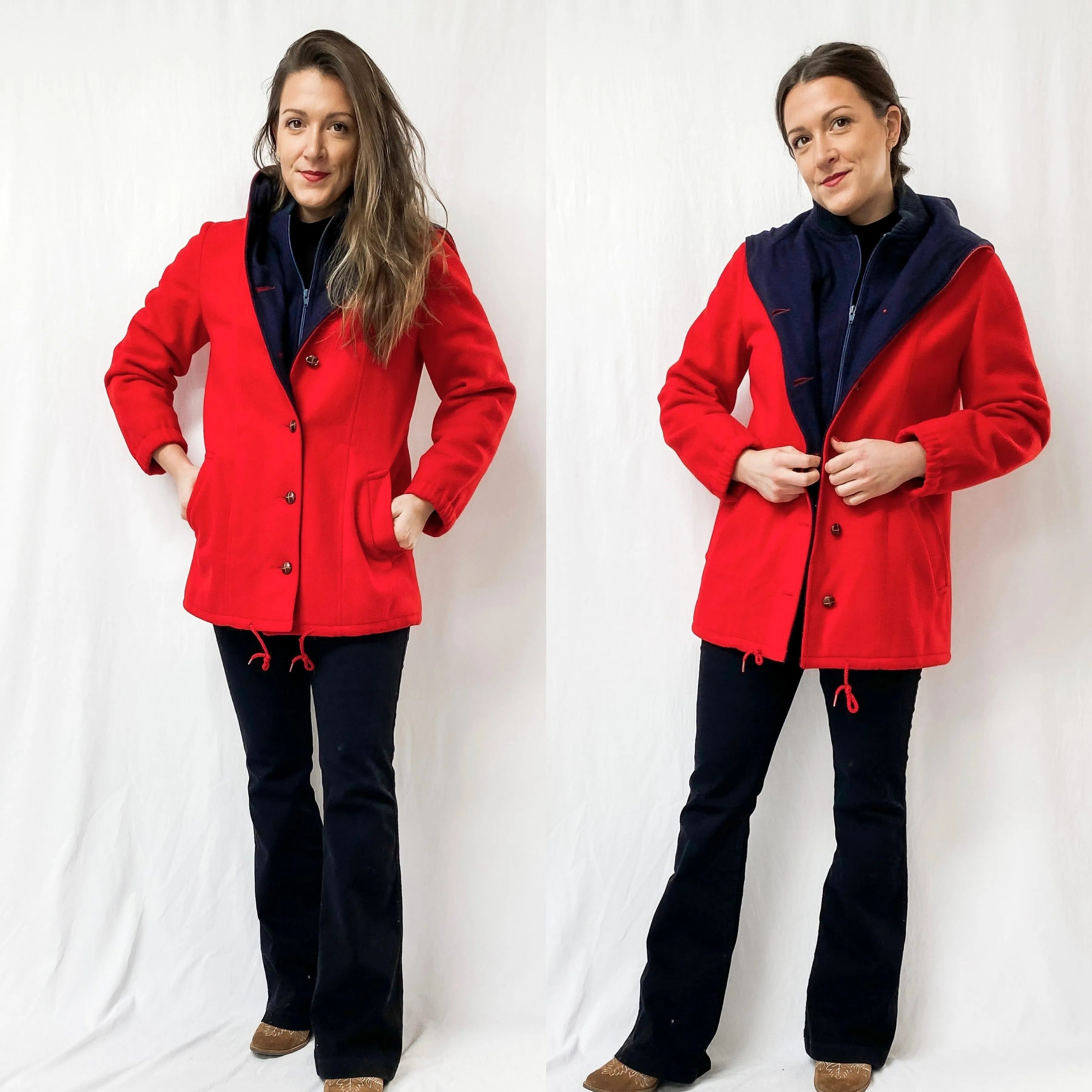 Vintage 80’s All Outdoors Mackintosh Red & Navy Double Lined Coat (M)