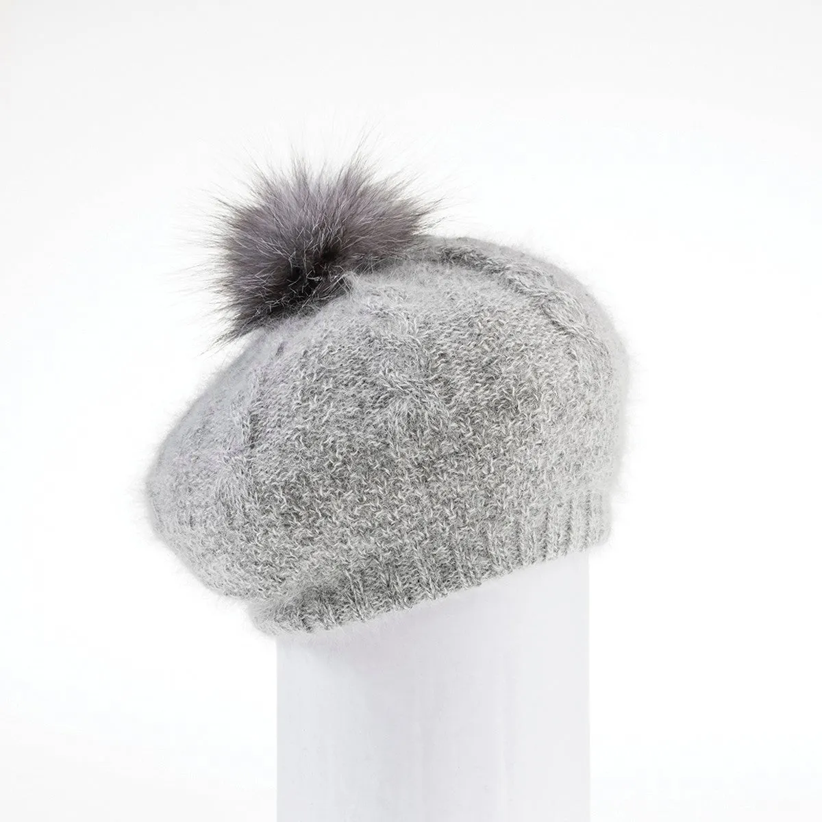 VIRGINIA - ANGORA BERET HAT WITH UPCYCLED FUR POM