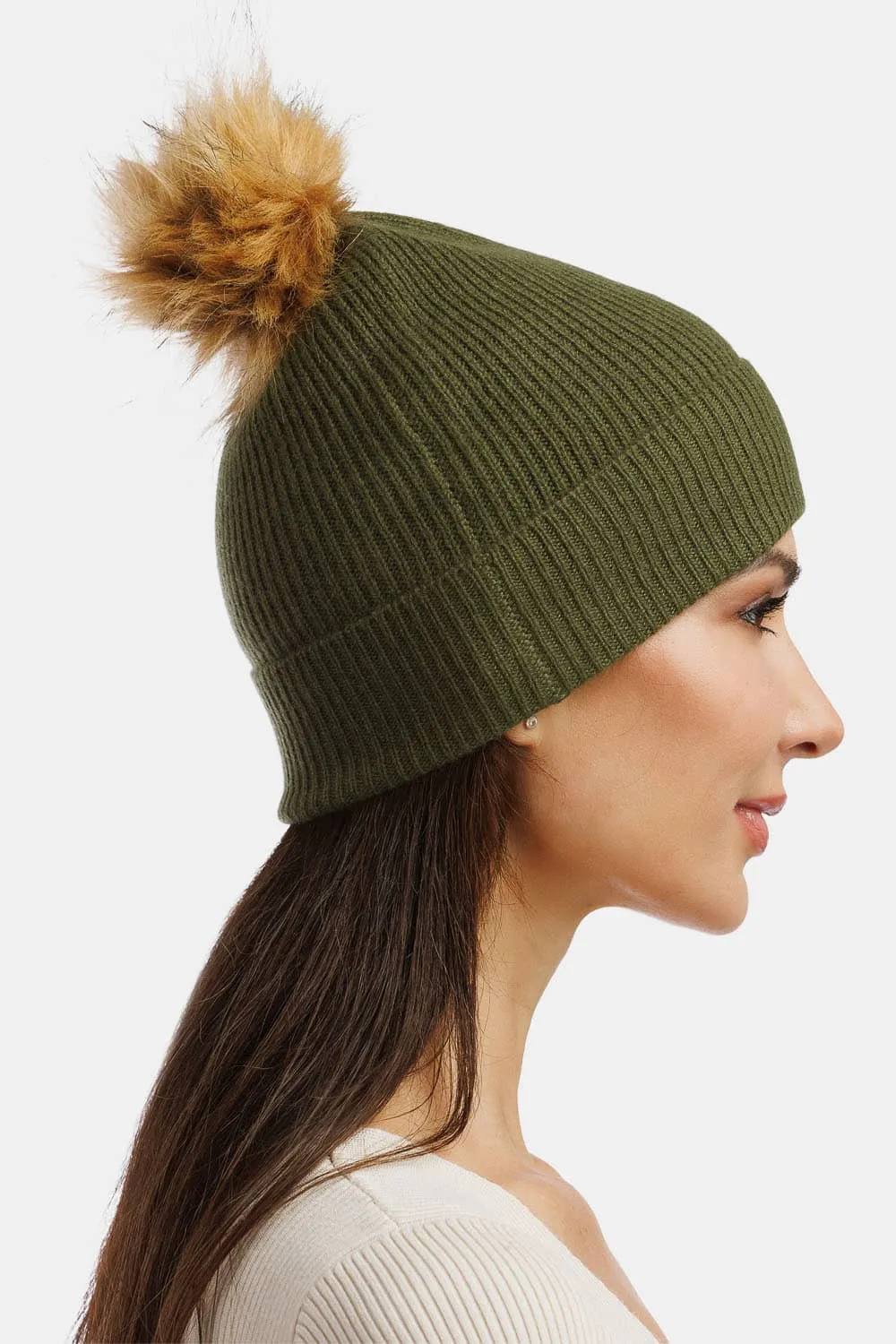 Women's 100% Pure Cashmere Pom Beanie Hat