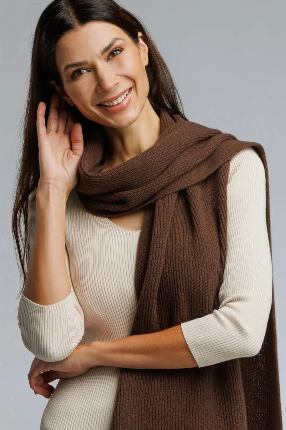 Women's 100% Pure Cashmere Ribbed Knit Scarf with Gift Box