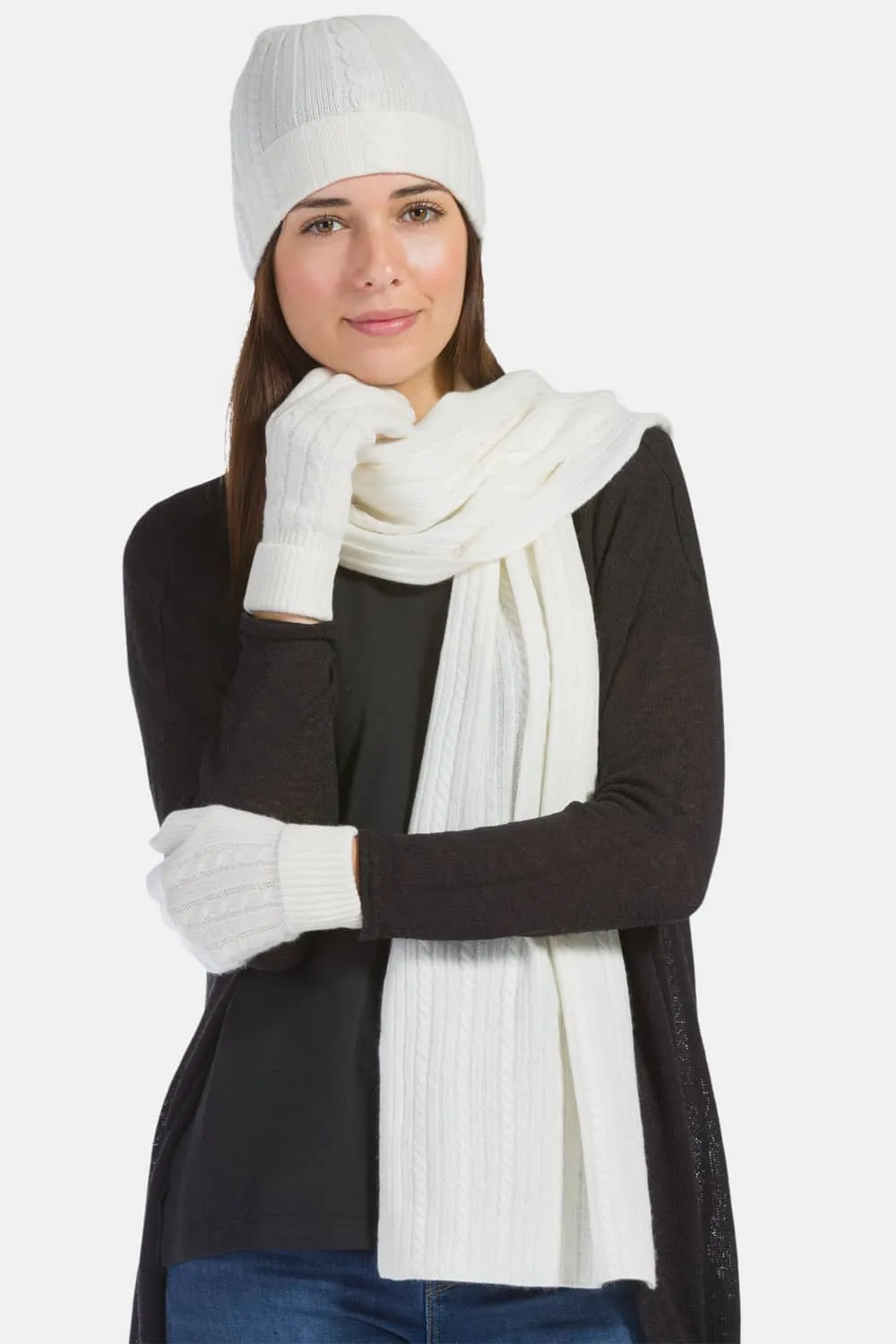 Women's 3pc 100% Pure Cashmere Cable Knit Hat Glove Scarf Set with Gift Box