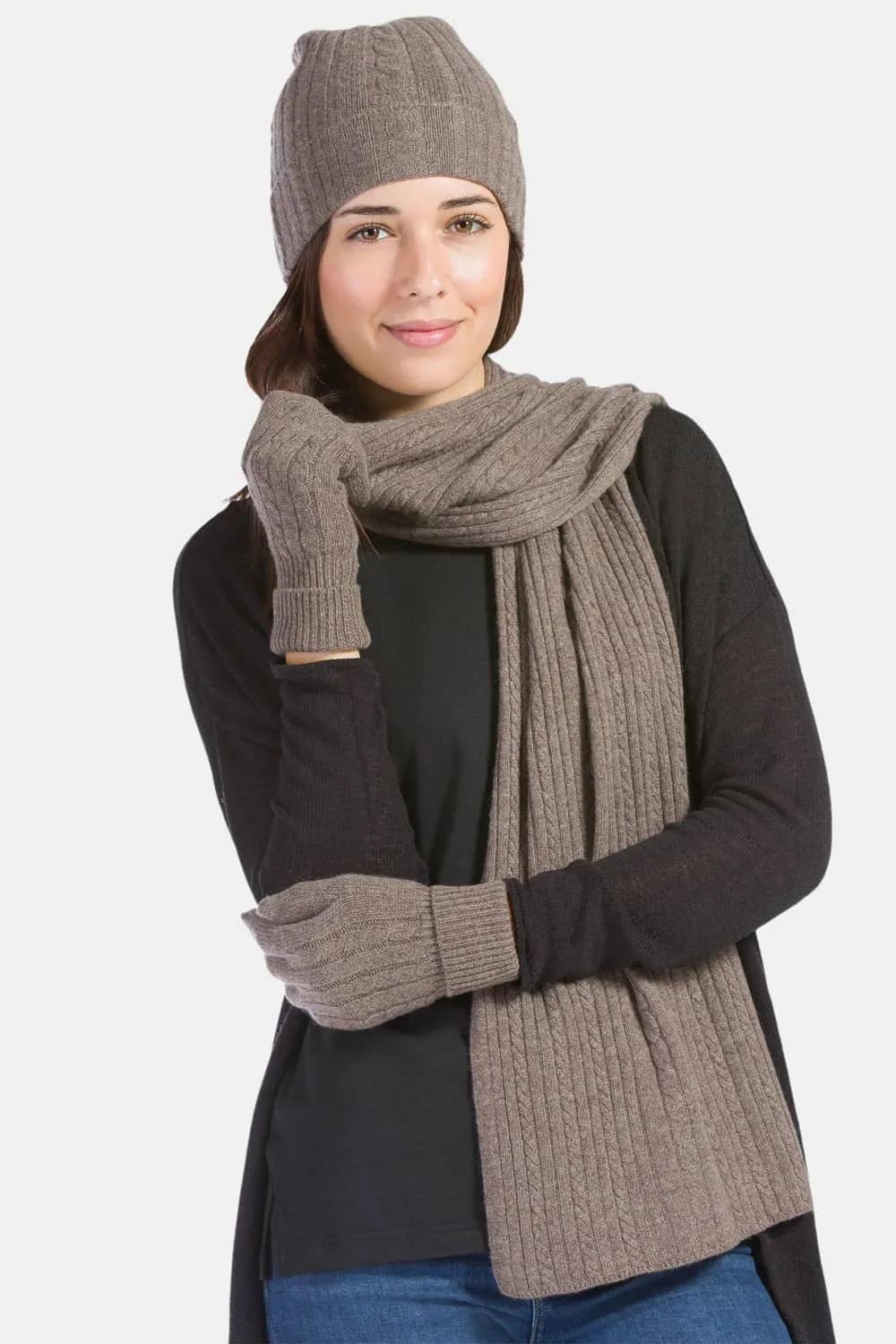 Women's 3pc 100% Pure Cashmere Cable Knit Hat Glove Scarf Set with Gift Box