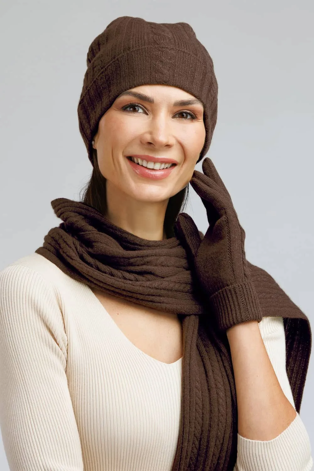 Women's 3pc 100% Pure Cashmere Cable Knit Hat Glove Scarf Set with Gift Box