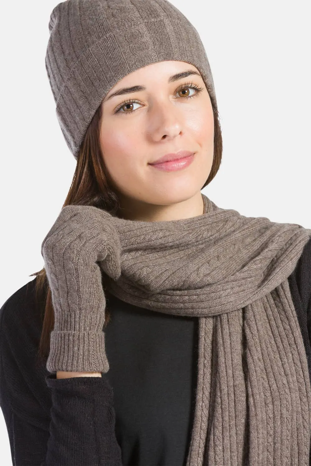 Women's 3pc 100% Pure Cashmere Cable Knit Hat Glove Scarf Set with Gift Box