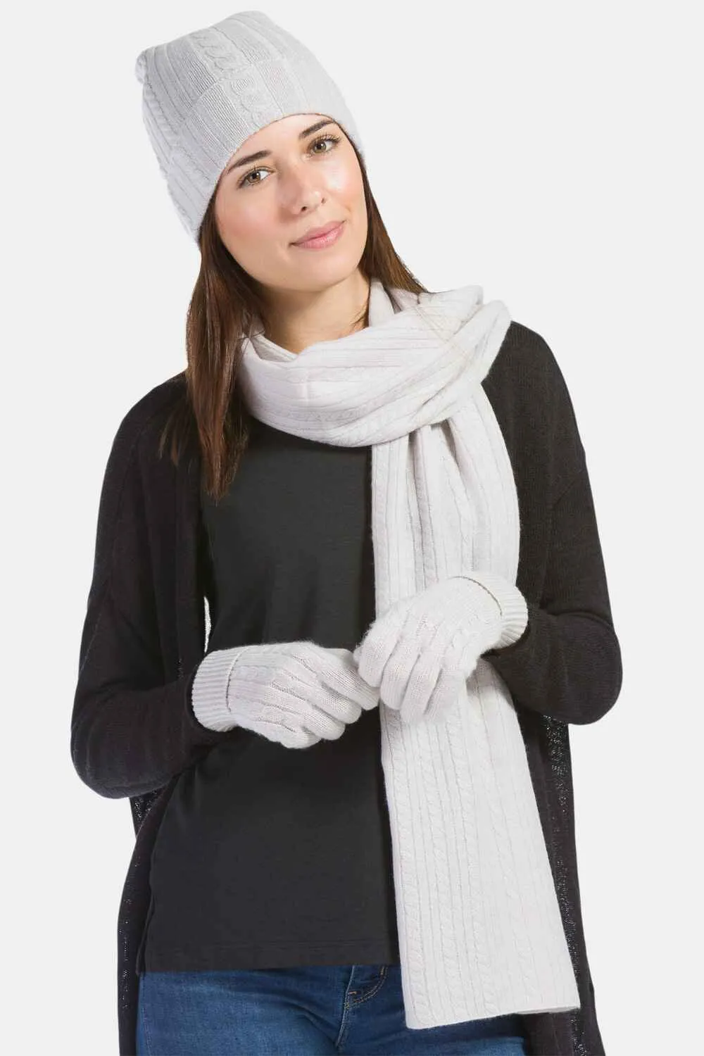 Women's 3pc 100% Pure Cashmere Cable Knit Hat Glove Scarf Set with Gift Box